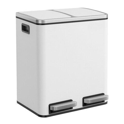 White, compact pedal bin with 2 compartments and 30-litre total capacity
