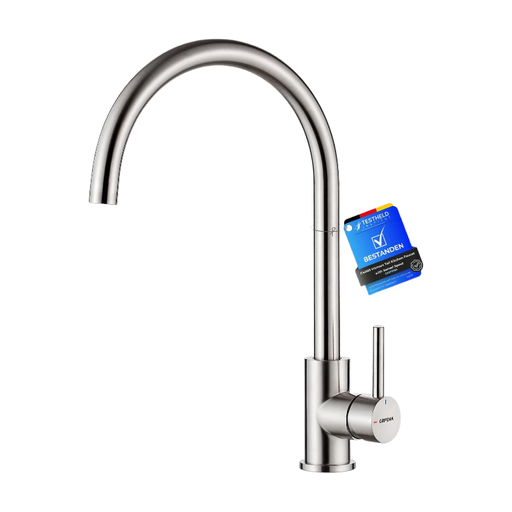 Grifema Kitchen Sink Mixer Tap with Single Lever, High Arc 360° Swivel, Stainless Steel, 1 Hole, Chrome Finish, Classic Design