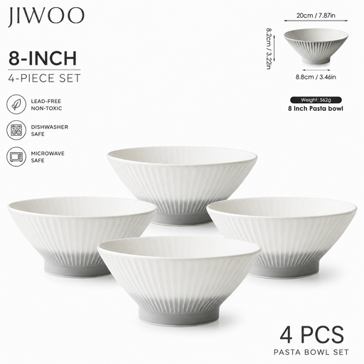 JIWOO Collins Value Family Set of 4, 8-inch Elegant Ramen Ceramics Bowls