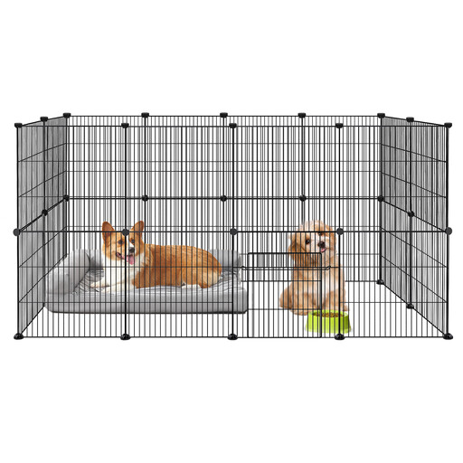 Dense mesh playpen fence with door for rabbits, hares, guinea pigs and puppies, suitable for indoor and outdoor use, black, 24 panels with door