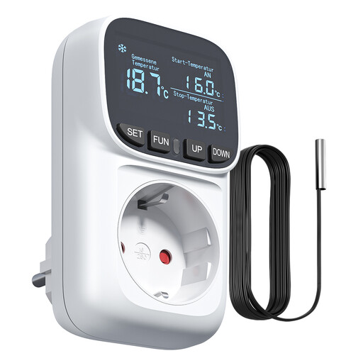 DEWENWILS Digital Temperature Controller Socket, 230V Thermostat with Sensor, Heating & Cooling Modes, German Language Display, for Greenhouse, Terrarium & Refrigerator