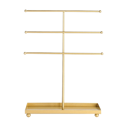 MyGift Modern Jewelry Organizer， 3 Tier Metal Tabletop Bracelet and Necklace Jewelry Storage Display Tree Rack with Base Ring Tray (Brass)