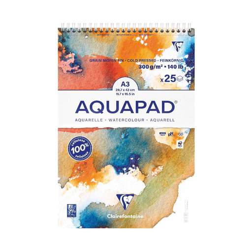 CLAIREFONTAINE Aquapad Carnet à spirales A3+, 25 Feuilles, 300g