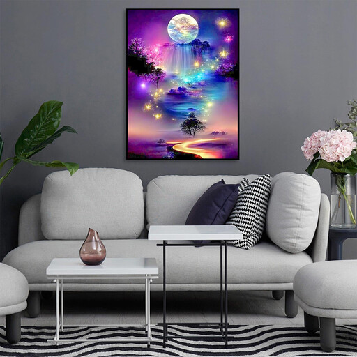 A full drill diamond painting kit showing a serene moon over a body of water