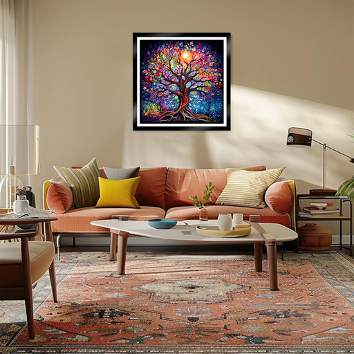 A vibrant diamond painting kit depicting a colourful 'Tree of Life' with swirling branches and a multi-coloured background.