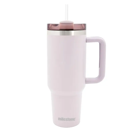 Milestone Travel Mug with Handle and Straw in Pebble colour