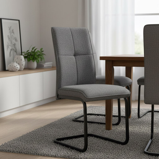 A modern grey fabric dining chair with a high back and a black metal cantilever base.