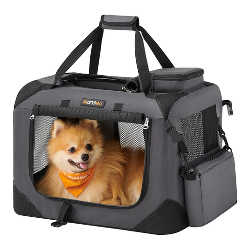 Feandrea PDC50G01 Foldable Dog Transport Box, S, Dog Bag, Oxford Fabric, Mesh, Breathable, Portable, Metal Frame, with Handles, Pockets, 50 x 35 x 35cm, Grey