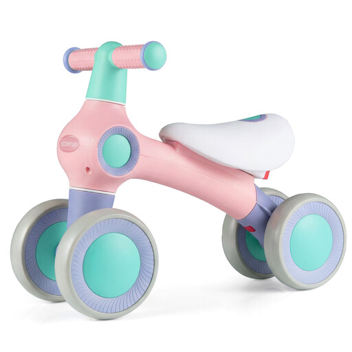 Baby Balance Bike with Adjustable Soft Seat, 4 Quiet Wheels, No Pedals, Pink
