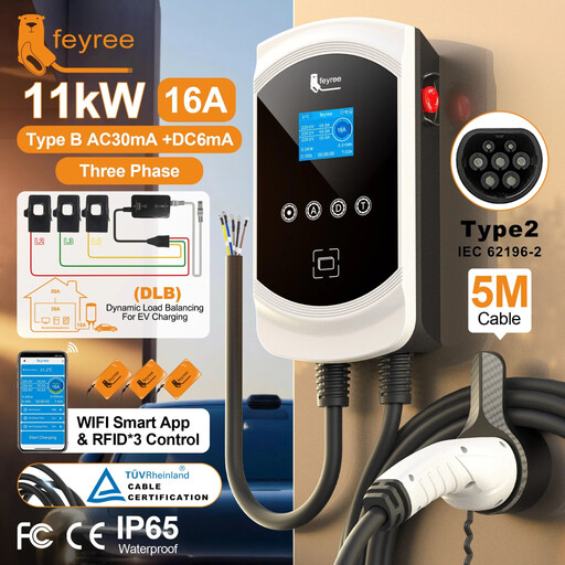 feyree EV Charger Type2 16A 11kW 3P Dynamic Load Balancing Model EVSE Wallbox Smart WIFI APP Function for EV Cars