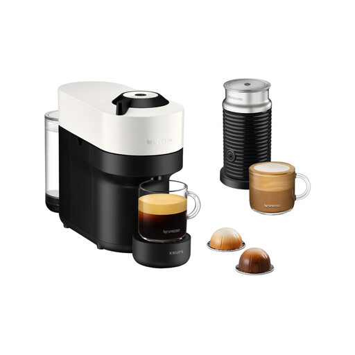 White KRUPS Nespresso Vertuo Pop capsule machine with Aeroccino frother
