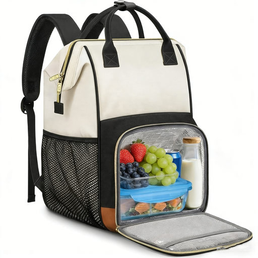 A stylish beige backpack for women with leather-look handles and a matching, removable insulated lunch bag shown separately.