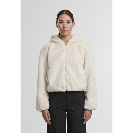 Urban Classics Ladies Full Zip Faux Fur Hoodie in Whitesand