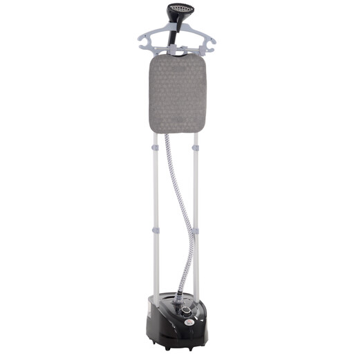 Black vertical garment steamer, 2 L, 1950 W, with board