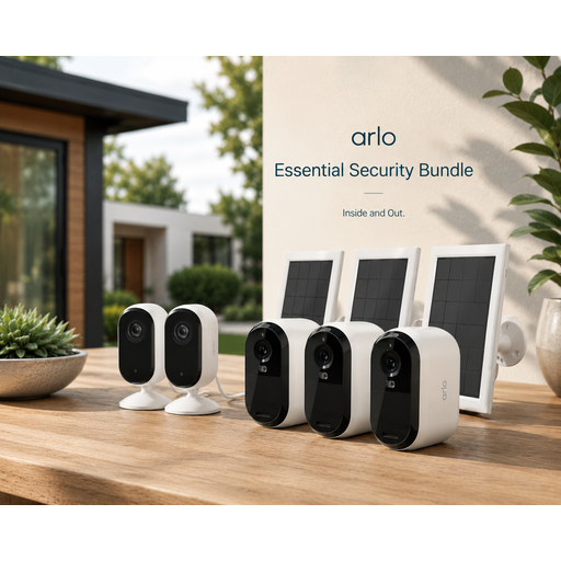 ARLO Secure Home Pack: Pack of 3 Arlo Essential2 2K outdoor cameras + 3 solar panels + 2 Arlo Essential 2K indoor cameras