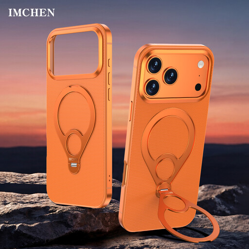 IM-CHEN Case for iPhone 17 Pro Max, Alloy Frame, 360° Rotating Metal Kickstand, Orange