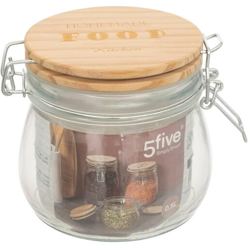 5five Glass and Wood Storage Jar - 0.5 L, Transparent