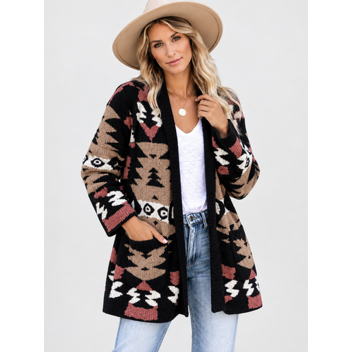 Women's Geometric Print Open Front Knit Cardigan Brown S