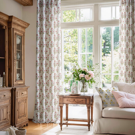 PONY DANCE Floral Linen Curtains Pink
