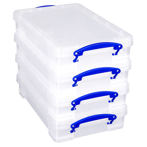 A pack of four 4L clear plastic storage boxes with blue handles
