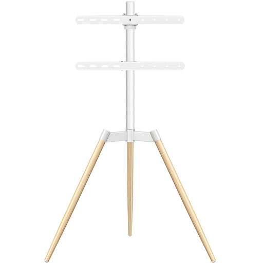 A tripod TV stand with wooden legs holding a television in a modern living room