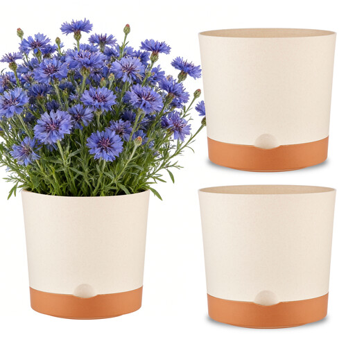 3 Self-Watering Plant Pots, 16.5cm Diameter, Beige Resin Flower Pots with Bottom Trays, Deep Water Storage Reservoir, Clean and Mess-Free Small Planting Pots, Suitable for Herbs, Succulents, Pothos, Windowsills and Gardens