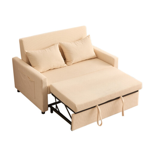A beige 2-seater corduroy sofa bed in a living room setting