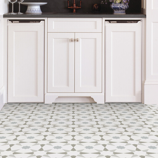 Floorpops Stellar Peel & Stick Floor Tiles with a grey and white star pattern