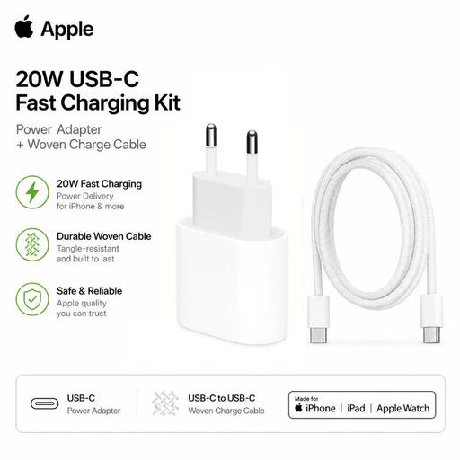 Apple 20W USB-C Fast Charging Kit - Power Adapter + USB-C Woven Charge Cable - White