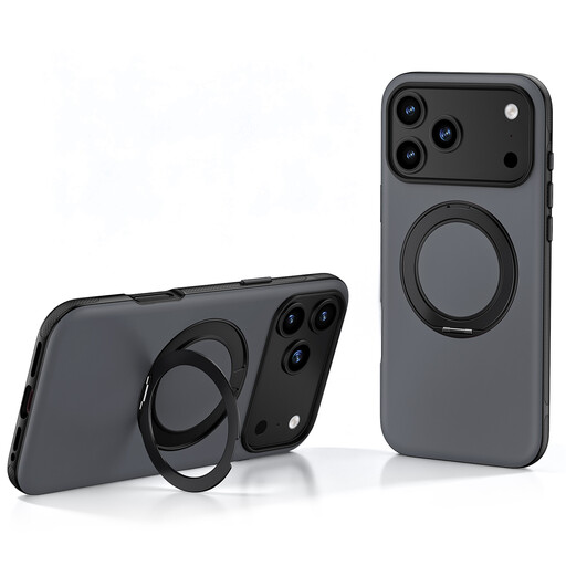 IM-CHEN iPhone 18 Pro 手机壳，亲肤触感，防滑框架，360° 可旋转支架版，黑色