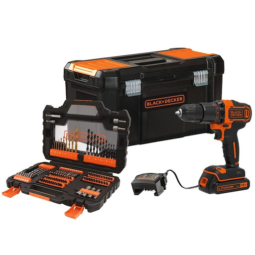 Black + Decker 18V Cordless Hammer Drill with 104 Accessories and Toolbox