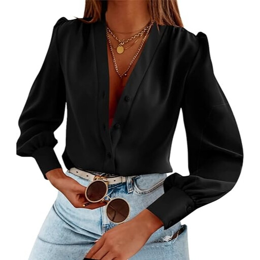 Women's Business Casual Tops Summer Long Sleeve Silk Button Down Shirts V Neck Chiffon Blouses (black, L)