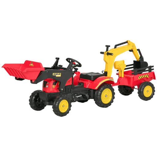 A red and yellow pedal-powered kids ride-on tractor with a front excavator bucket and a detachable rear trailer.