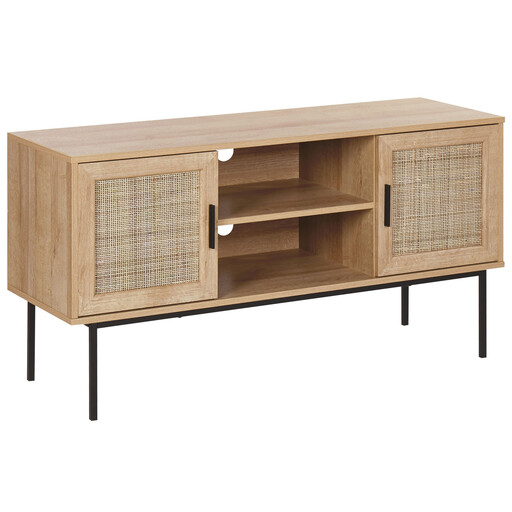 Beliani Retro Light Wood TV Stand PASCO with Rattan Door (120cm)