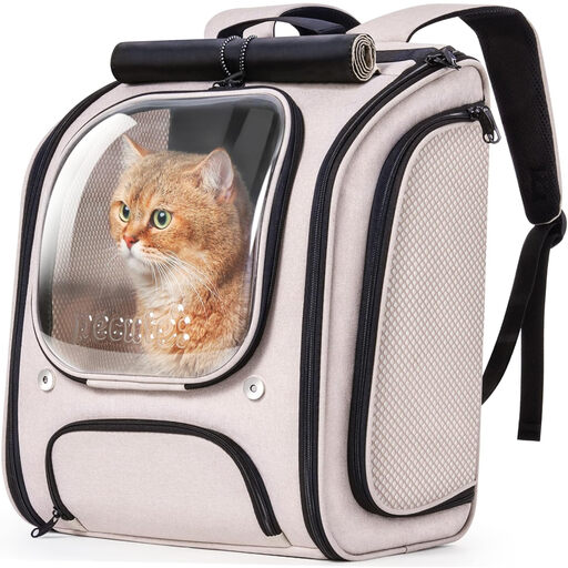 A person wearing the khaki pecute Capsule Pet Backpack with a cat inside the bubble window