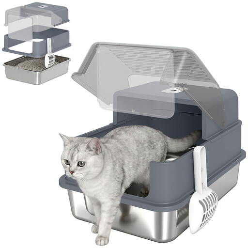 Maison De Toilette, bac à litière pour chat 2-en-1 fermé, grand format avec couvercle et pelle inclus, bac anti-odeurs, nettoyage facile et hygiénique, idéal pour les chatons et les grands chats, gris T1003-01-19996