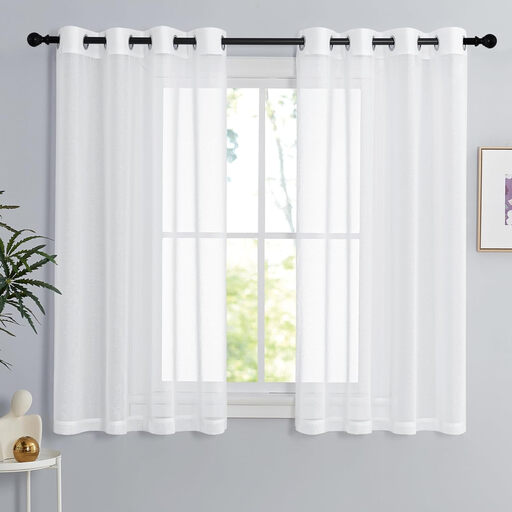 PONY DANCE Sheer Linen Look Curtains with Eyelet, 2 Panels W140 x L120 cm(W55 x L47 inch), White