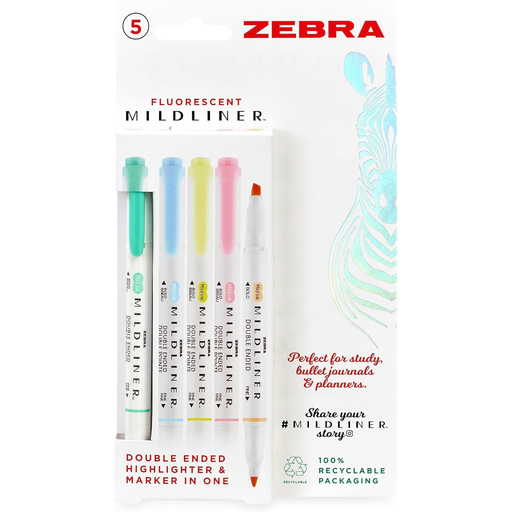 Zebra MILDLINER Double-Ended Highlighter 5 Pack Fluorescent Colours