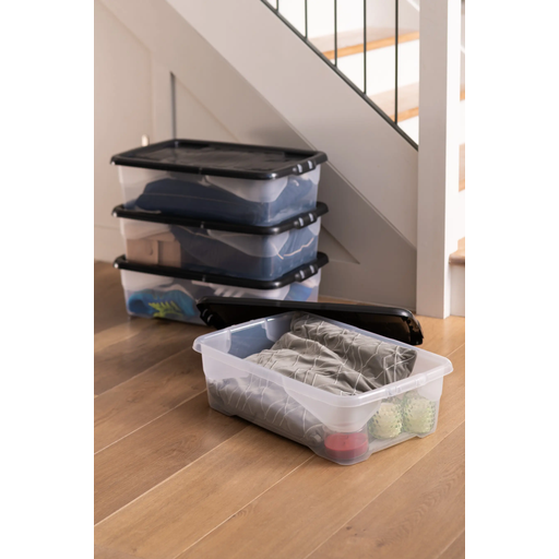 Strata Curve Storage Box & Lid 30L Clear/Black - Pack of 4