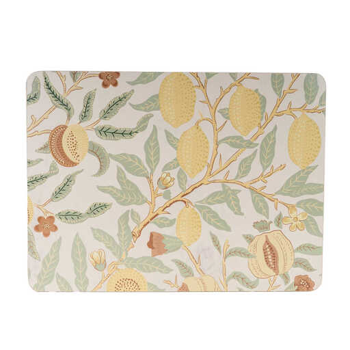 A set of four rectangular cork placemats with vintage fruit illustrations