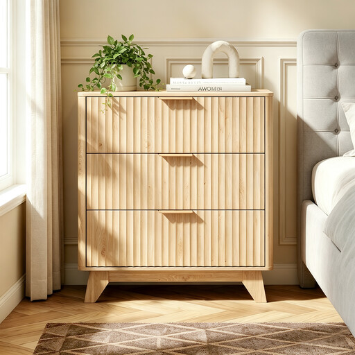 3-drawer chest with legs, Scandinavian design, slatted front, 70x35x75 cm, oak