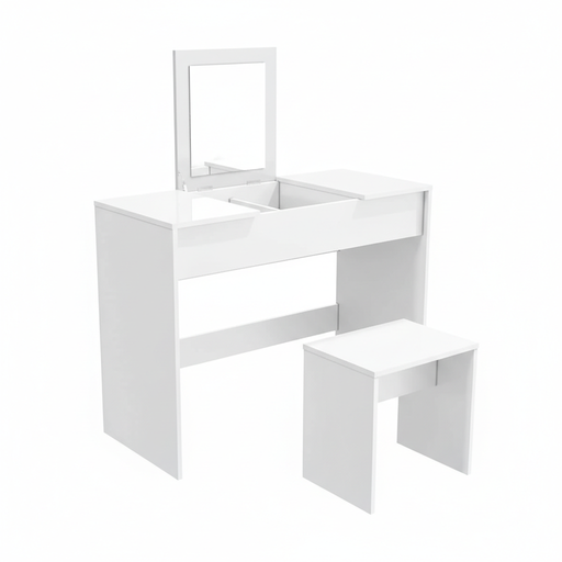 SONNI White Vanity Table with Folding Mirror and Stool， 2-in-1 Makeup Desk for Bedroom