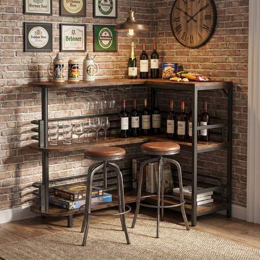 L-Shaped Bar Table, 3-Tier Bistro Table with Shelf