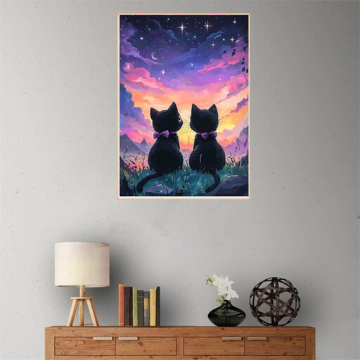 A cat's face is depicted with a swirling, starry night sky pattern, in a diamond painting kit design.