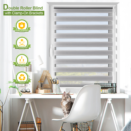 EcoHue DuoRollo Clamp-On Double Roller Blind, No Drilling Required, with Clamp Brackets, for Windows and Doors, Light Gray, W 50 cm x H 150 cm,1PC