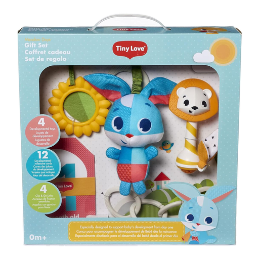 A collection of colourful sensory toys including a lion rattle, a rabbit toy and a sunflower teether.
