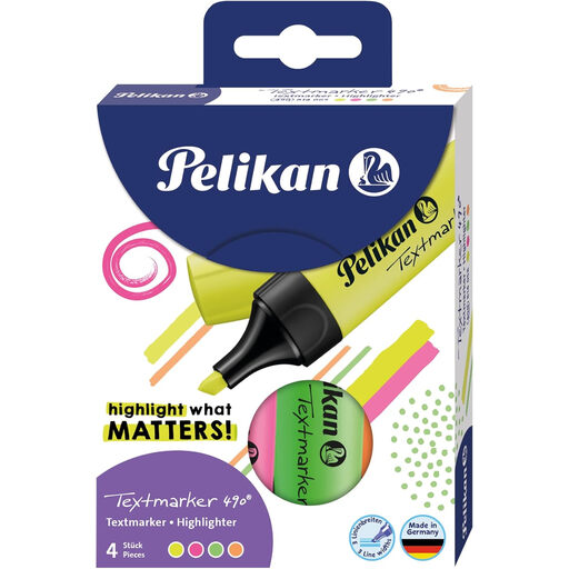 Pelikan Marker 490, 4 Neon Colors, 4 Pieces, with Chisel Tip