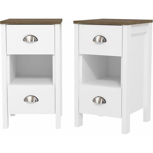 A pair of Galano Gemma bedside tables in a white and oak finish, each with two drawers.