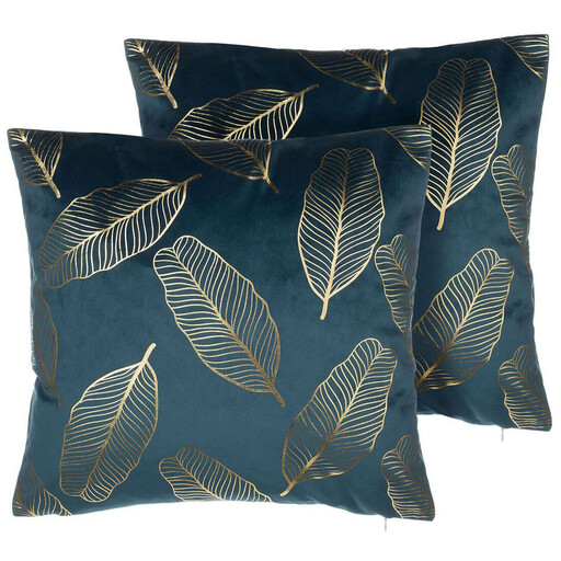Beliani Set of 2 Velvet Cushions Leaf Pattern 45 x 45 cm Teal Blue FREESIA