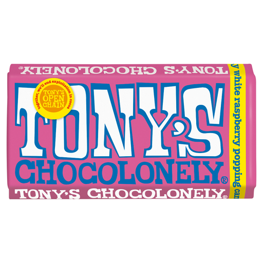 Tony’s Chocolonely White Chocolate Raspberry with Popping Candy 180g bar